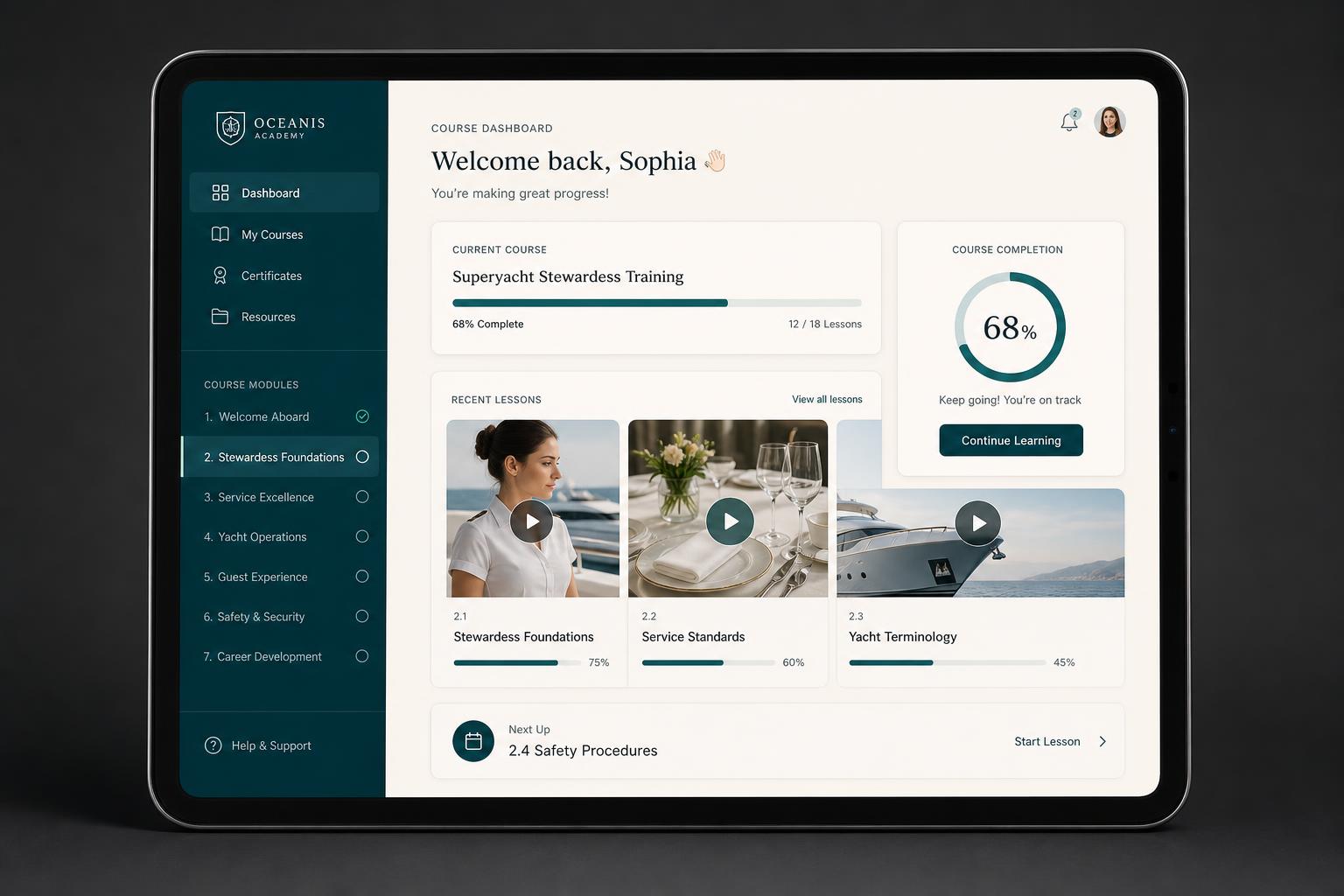The Med Crew Academy online learning platform dashboard showing course progress and video lessons