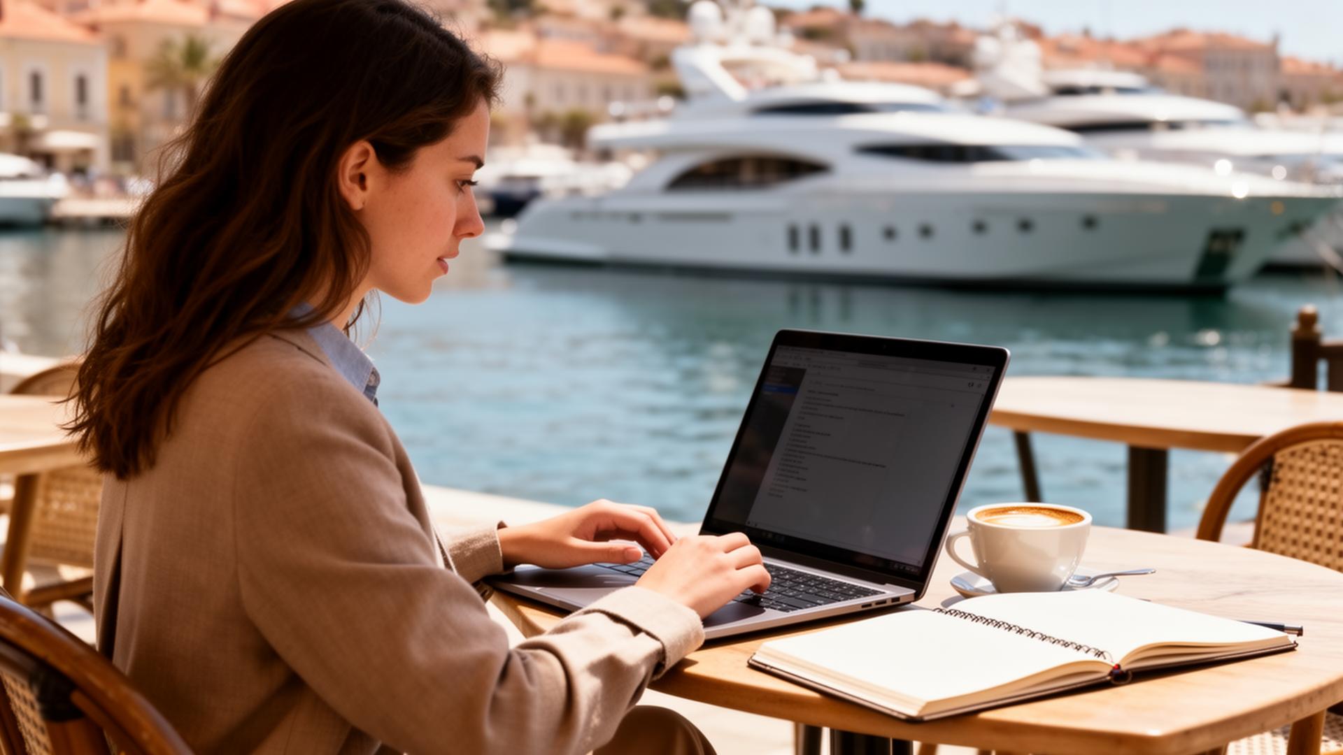 Aspiring yacht crew member studying online at a Mediterranean marina cafe