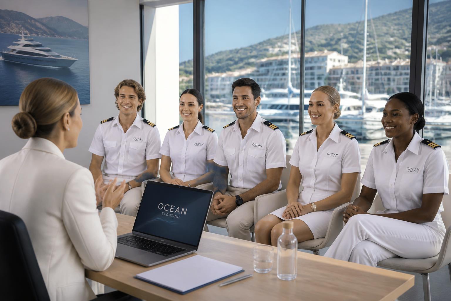 A group of vetted yacht crew candidates in a professional interview setting