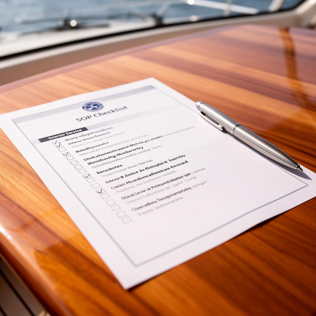 Professional printed SOP checklist document on a polished teak table aboard a luxury yacht