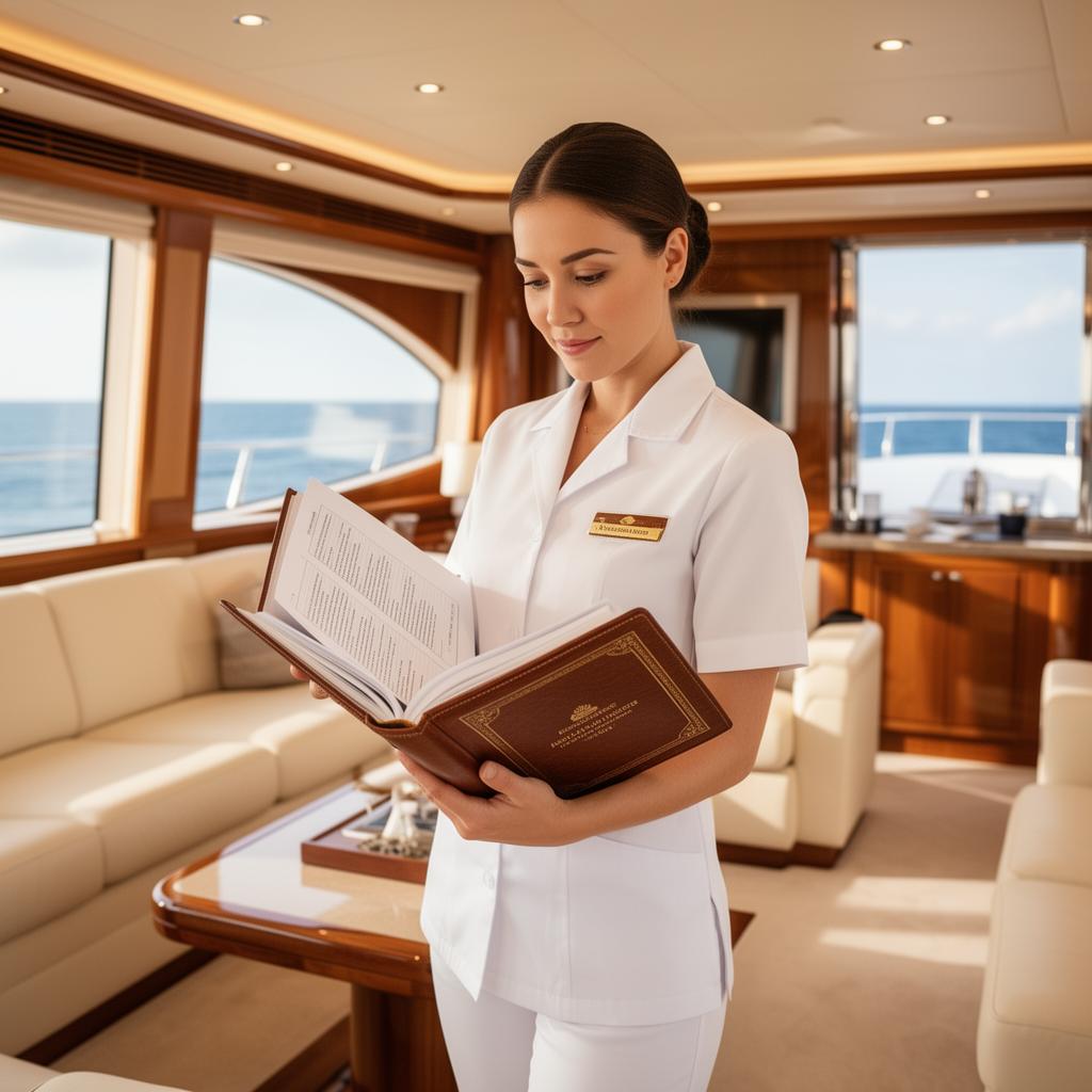 Yacht stewardess consulting a professional procedures manual in a luxury superyacht interior
