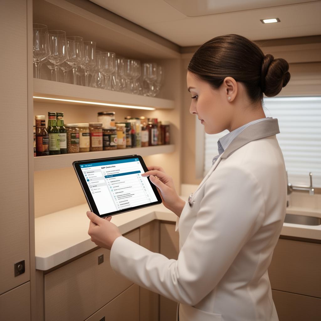 Yacht stewardess using a tablet device to review digital SOPs in a beautifully organized yacht pantry