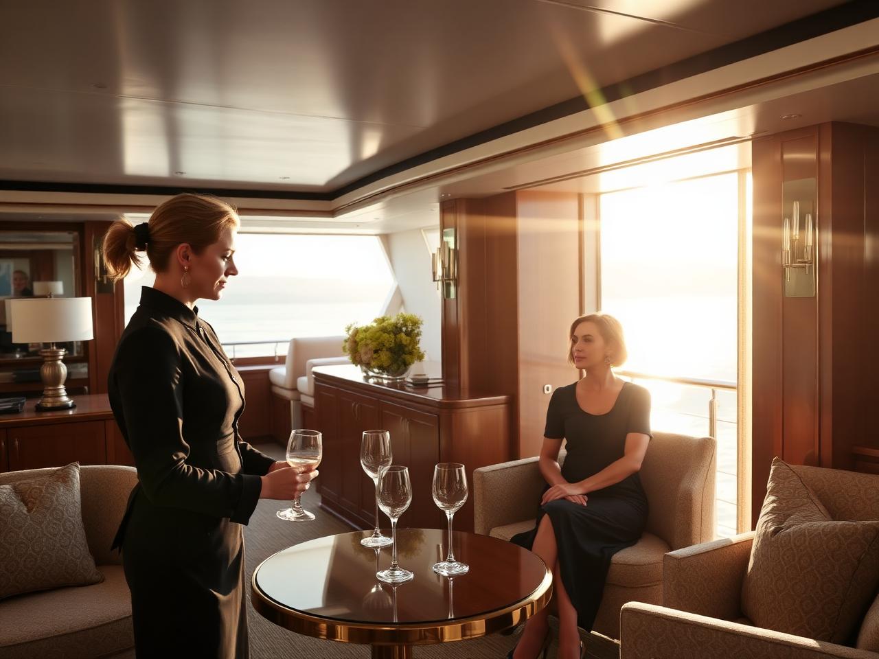 Senior stewardess attending to a VIP guest