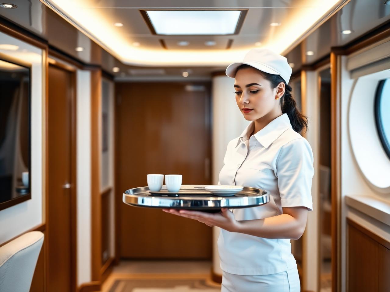 Junior stewardess training with silver service tray