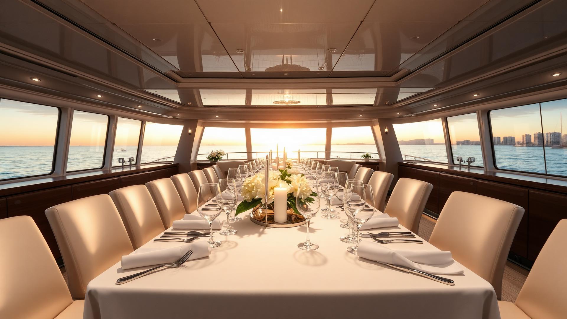 Beautiful luxury yacht dining table setting at sunset