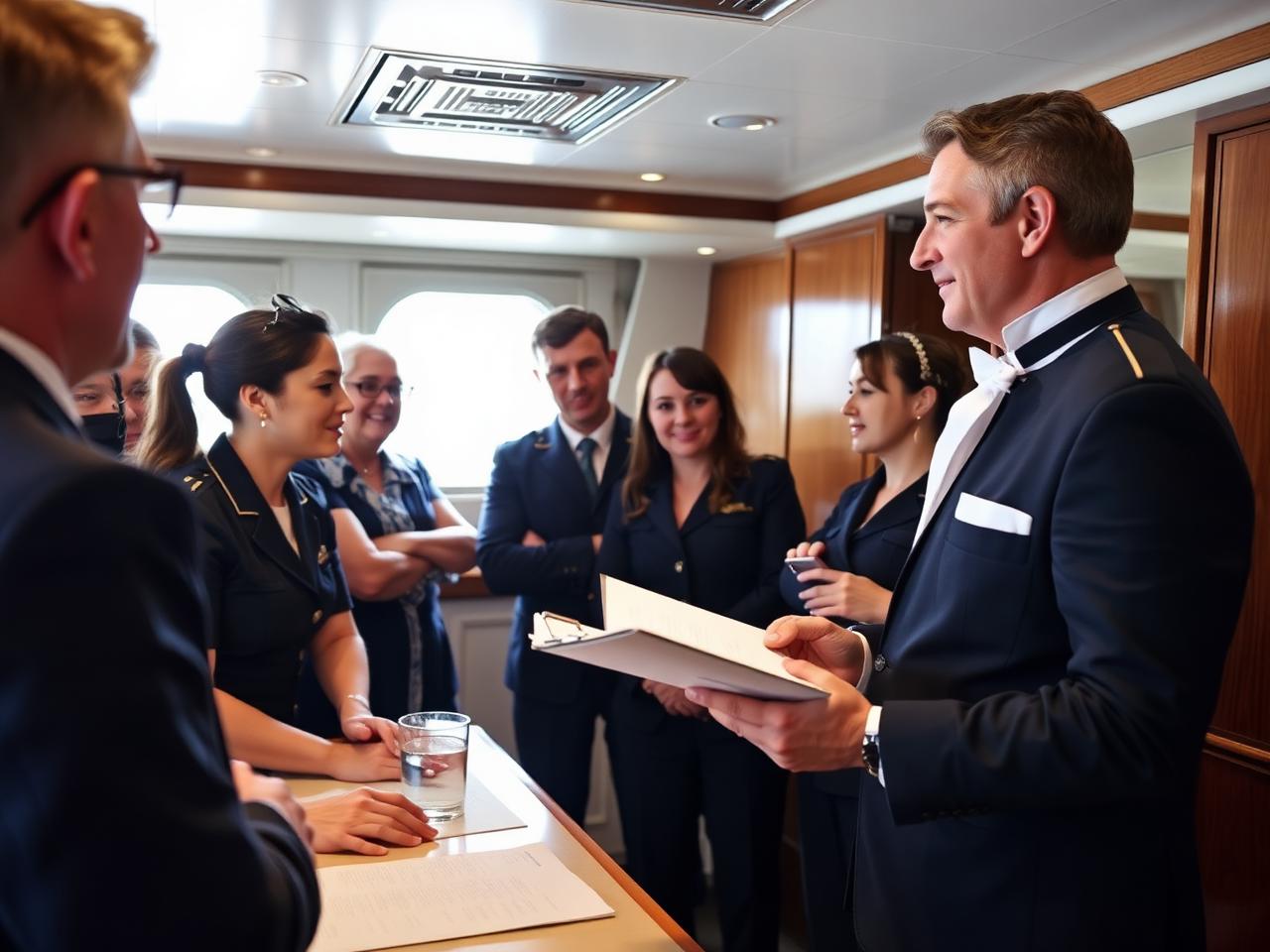 Chief stewardess leading an interior team briefing