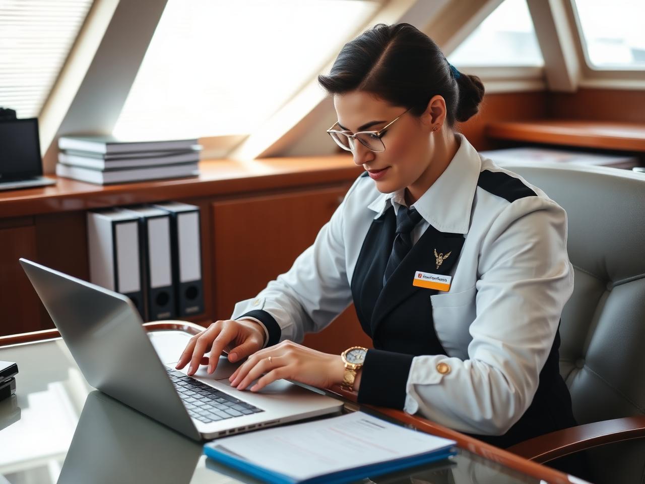 Chief stewardess managing provisioning at a yacht office