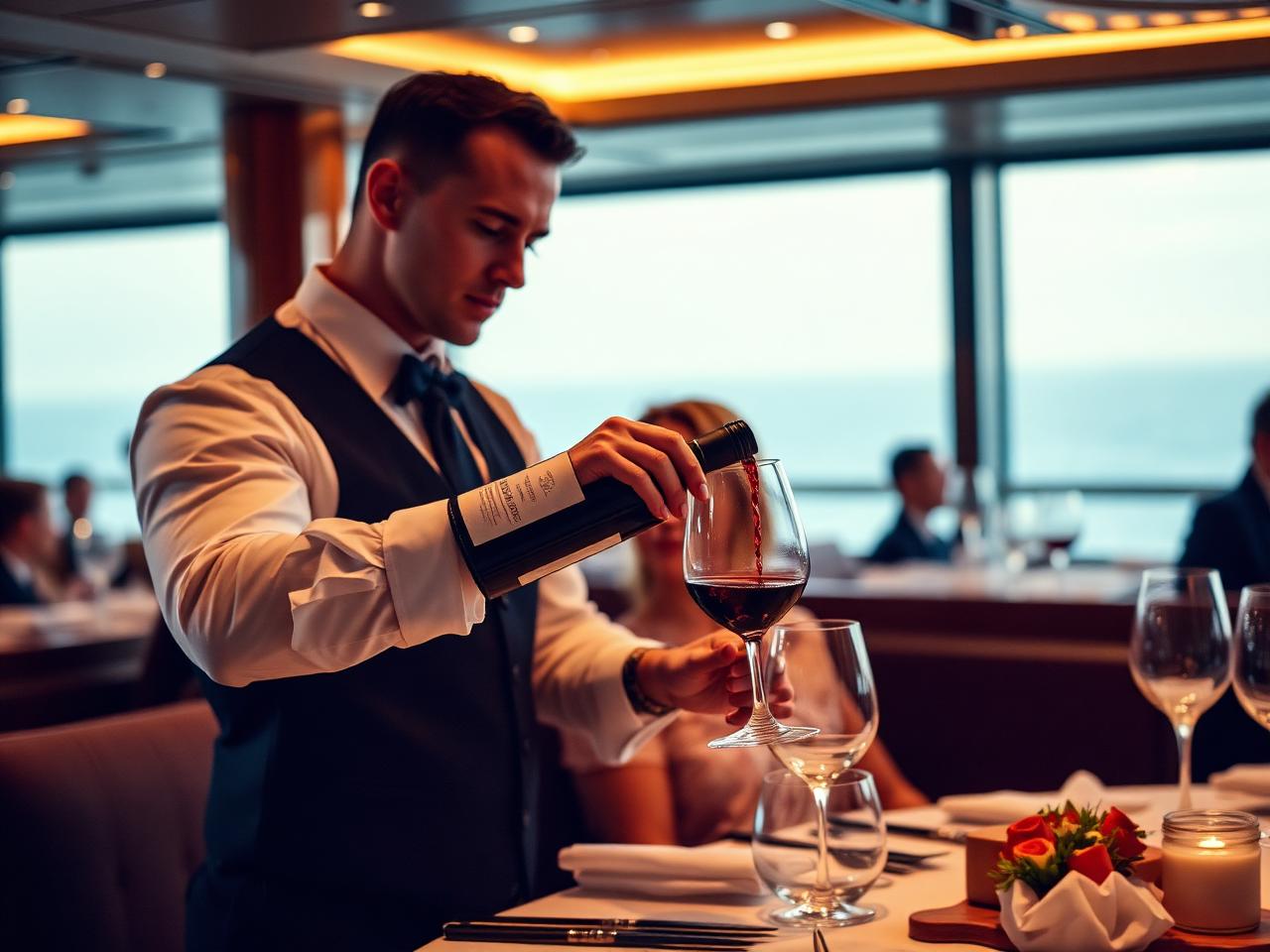 Wine service training in a yacht dining salon