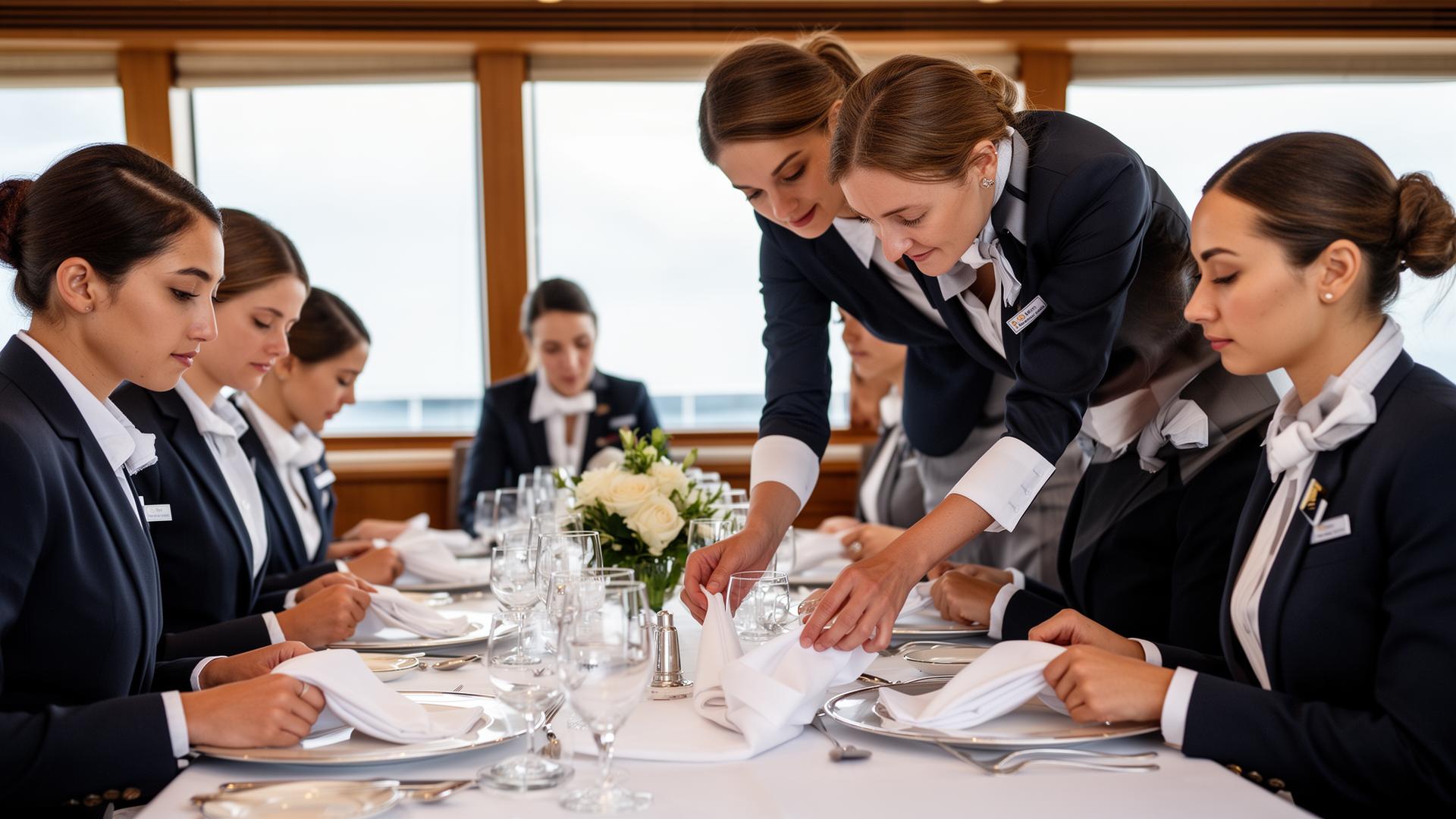 Stewardess trainees practicing silver service setup under instructor guidance